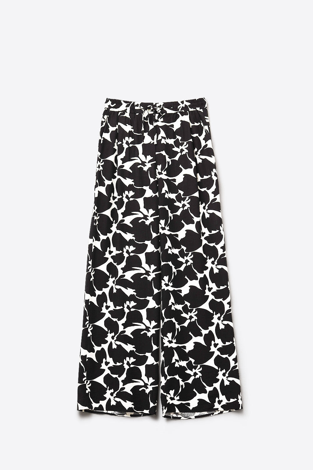 Calças rectas com estampado floral havaiano em preto e branco