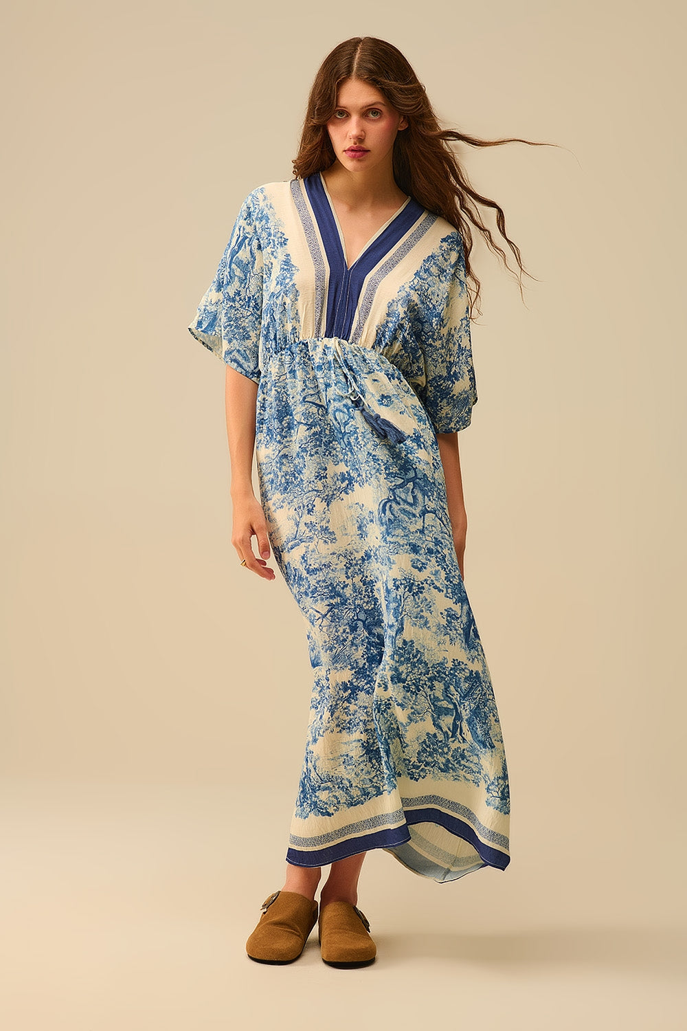 Vestido fluido com decote em V e estampado Toile de Jouy