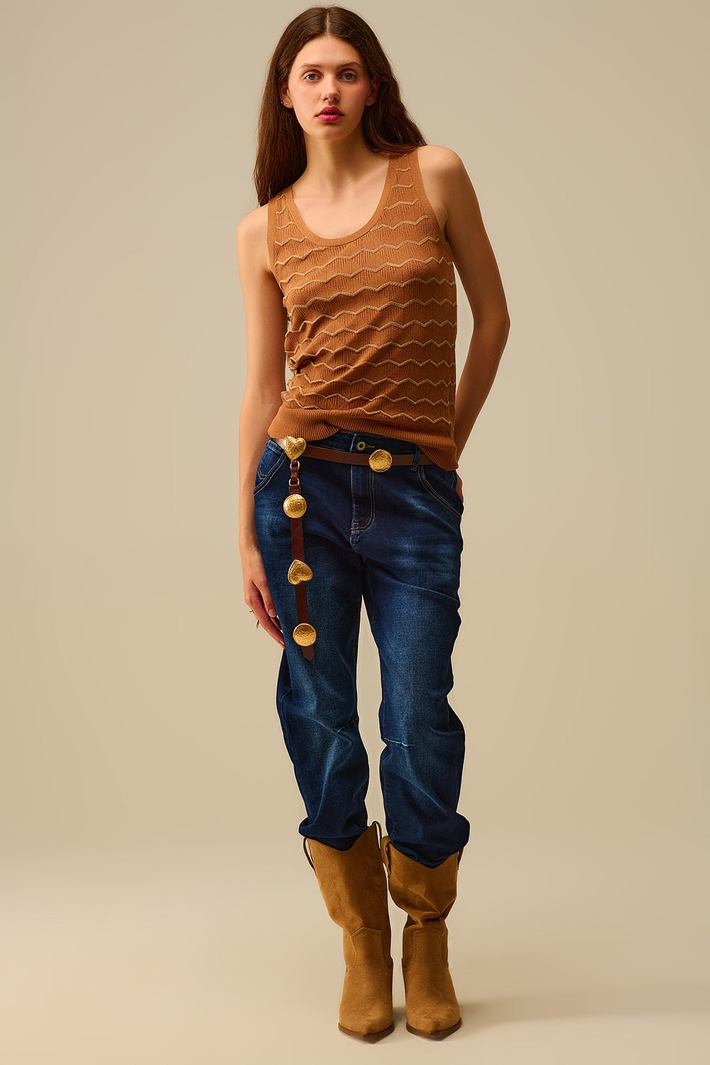Camisola de malha com padrão em ziguezague dourado