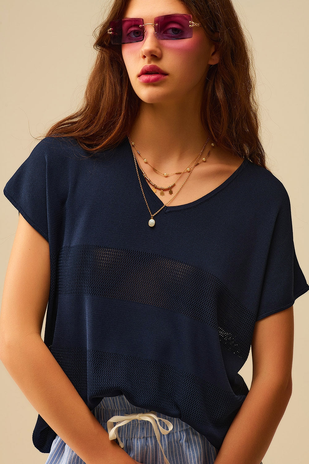 Camisola de malha com riscas azul-marinho