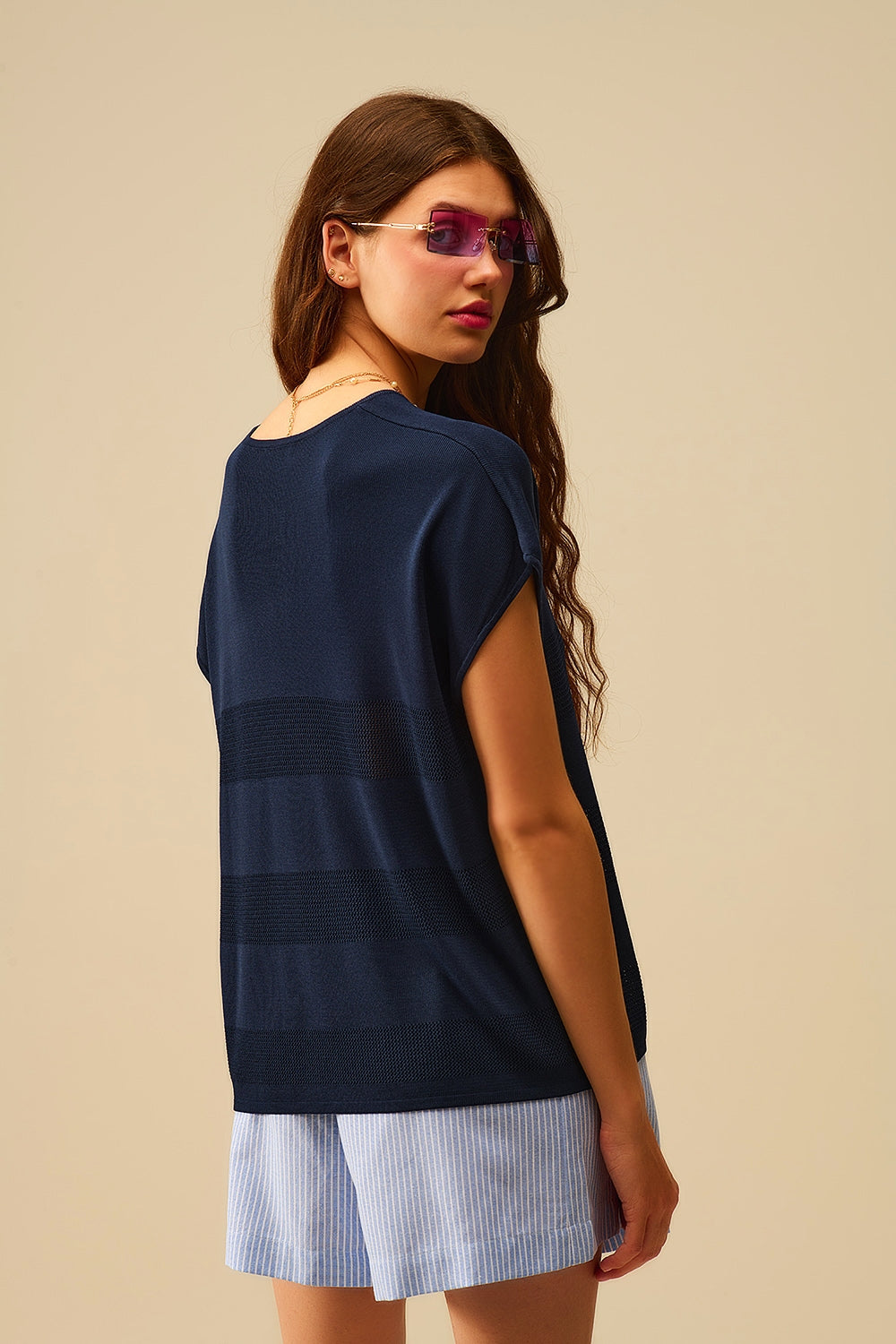 Camisola de malha com riscas azul-marinho