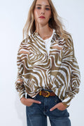blusa de chiffon fluida com estampado de zebra caqui