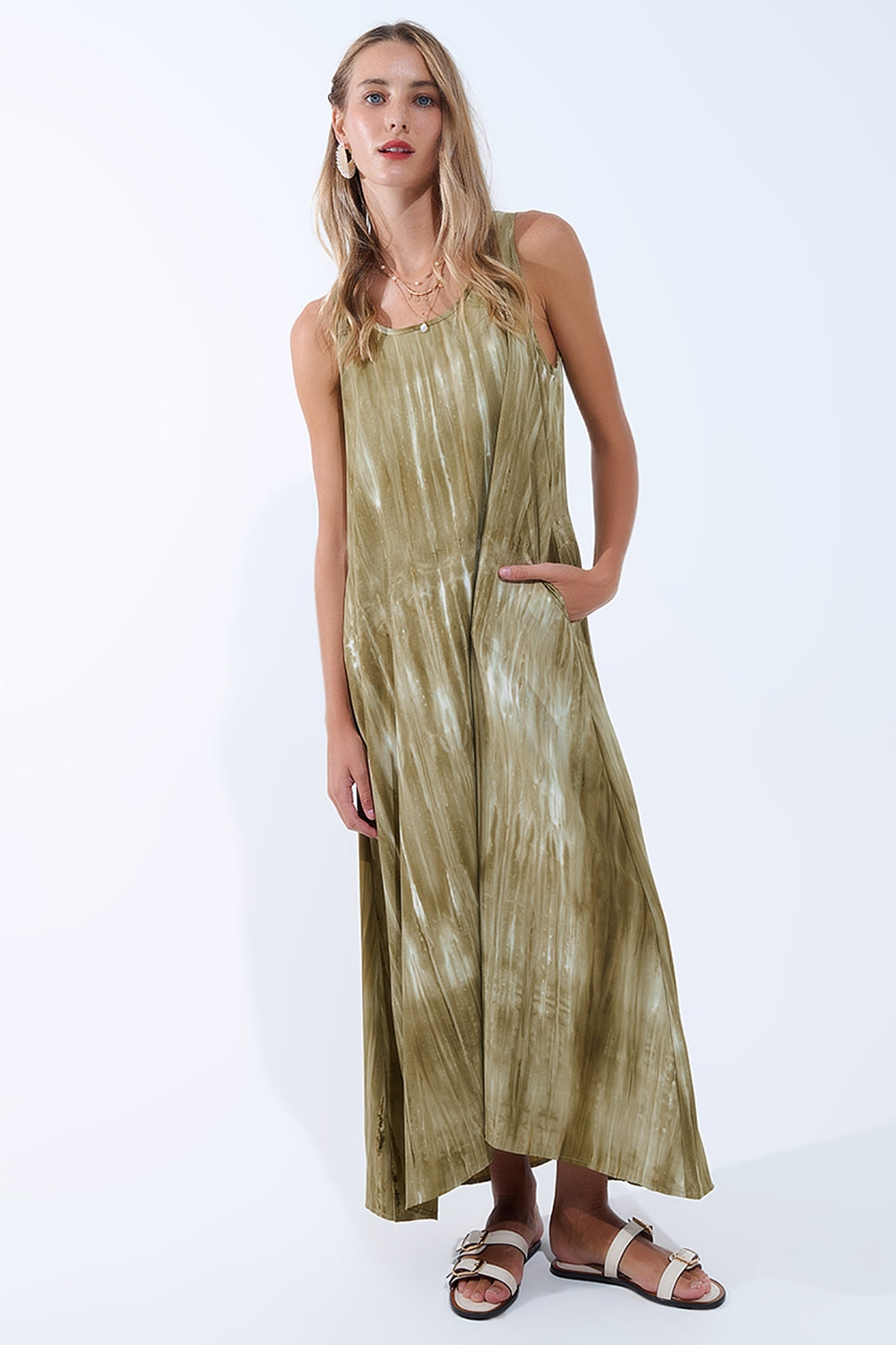 Vestido Boho Descontraído em Tie Dye Verde Kakhi em tecido de alta qualidade