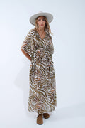Vestido Maxi em chiffon caqui com estampado de zebra e cintura com cordão