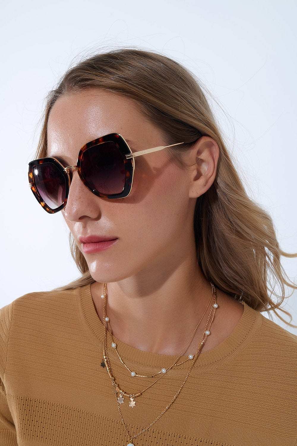 Extra Large Hexagonal Cat Eye Sunglasses em pele de tartaruga