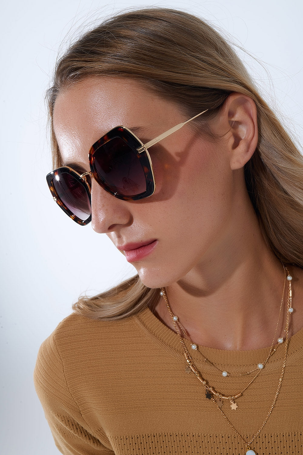 Extra Large Hexagonal Cat Eye Sunglasses em pele de tartaruga