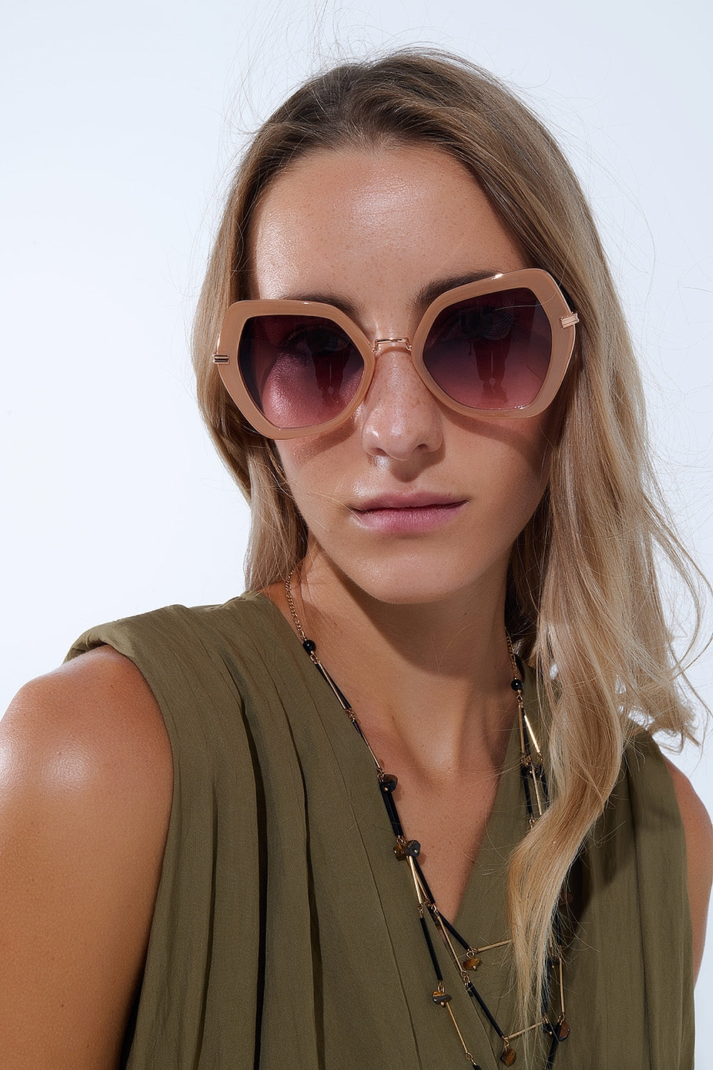 Extra Large Hexagonal Cat Eye Sunglasses em Bege