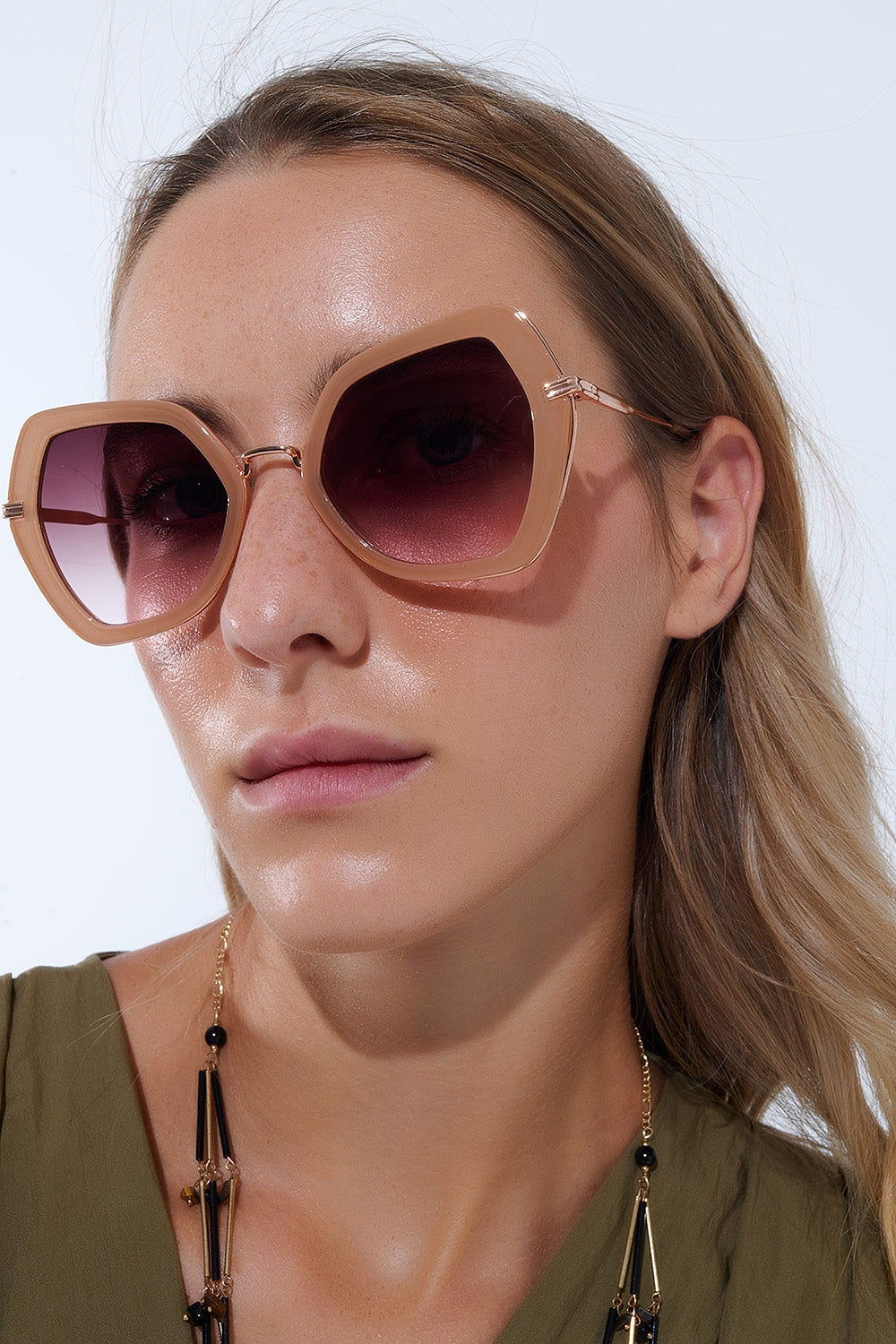 Extra Large Hexagonal Cat Eye Sunglasses em Bege