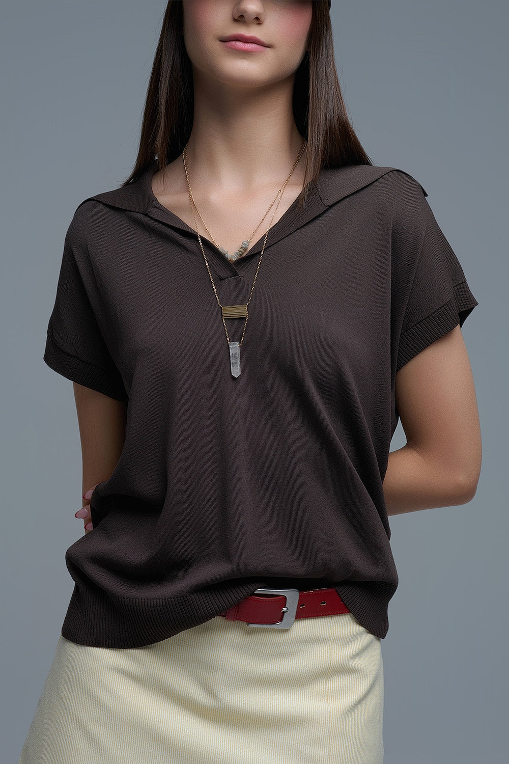 Top de manga curta estilo polo de malha fina em castanho