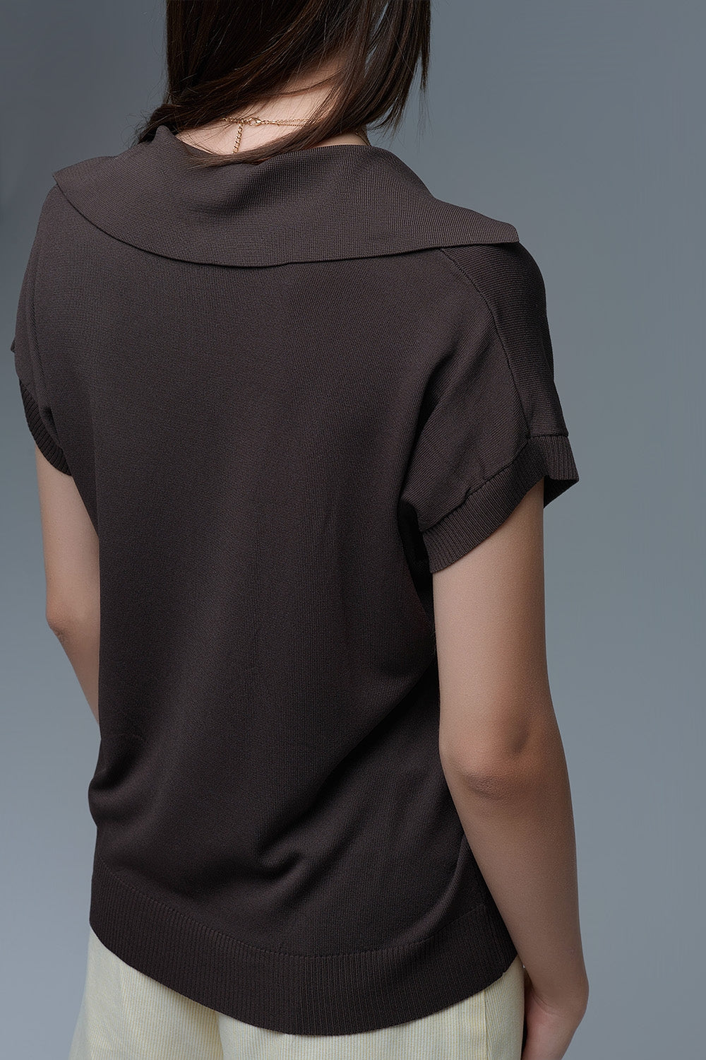 Top de manga curta estilo polo de malha fina em castanho