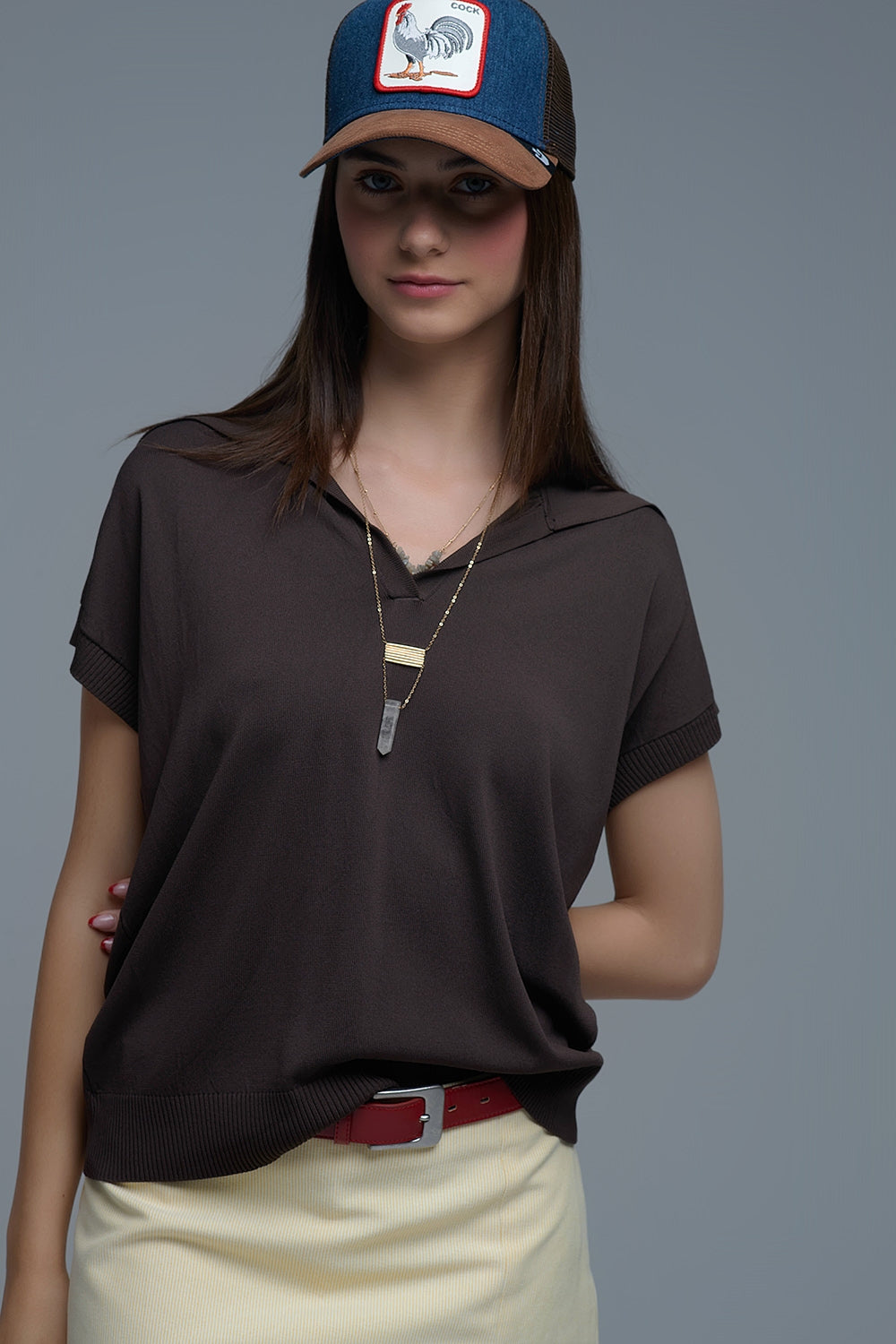 Top de manga curta estilo polo de malha fina em castanho