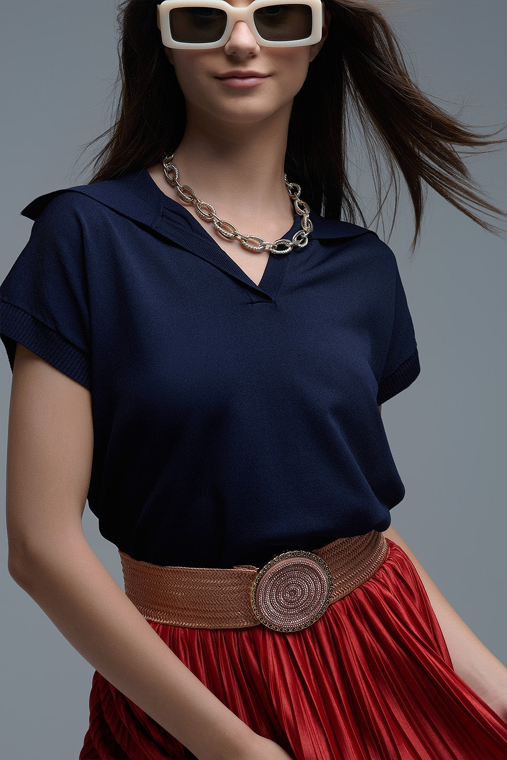 Top de manga curta estilo polo de malha fina em azul-marinho