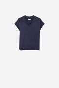 Top de manga curta estilo polo de malha fina em azul-marinho