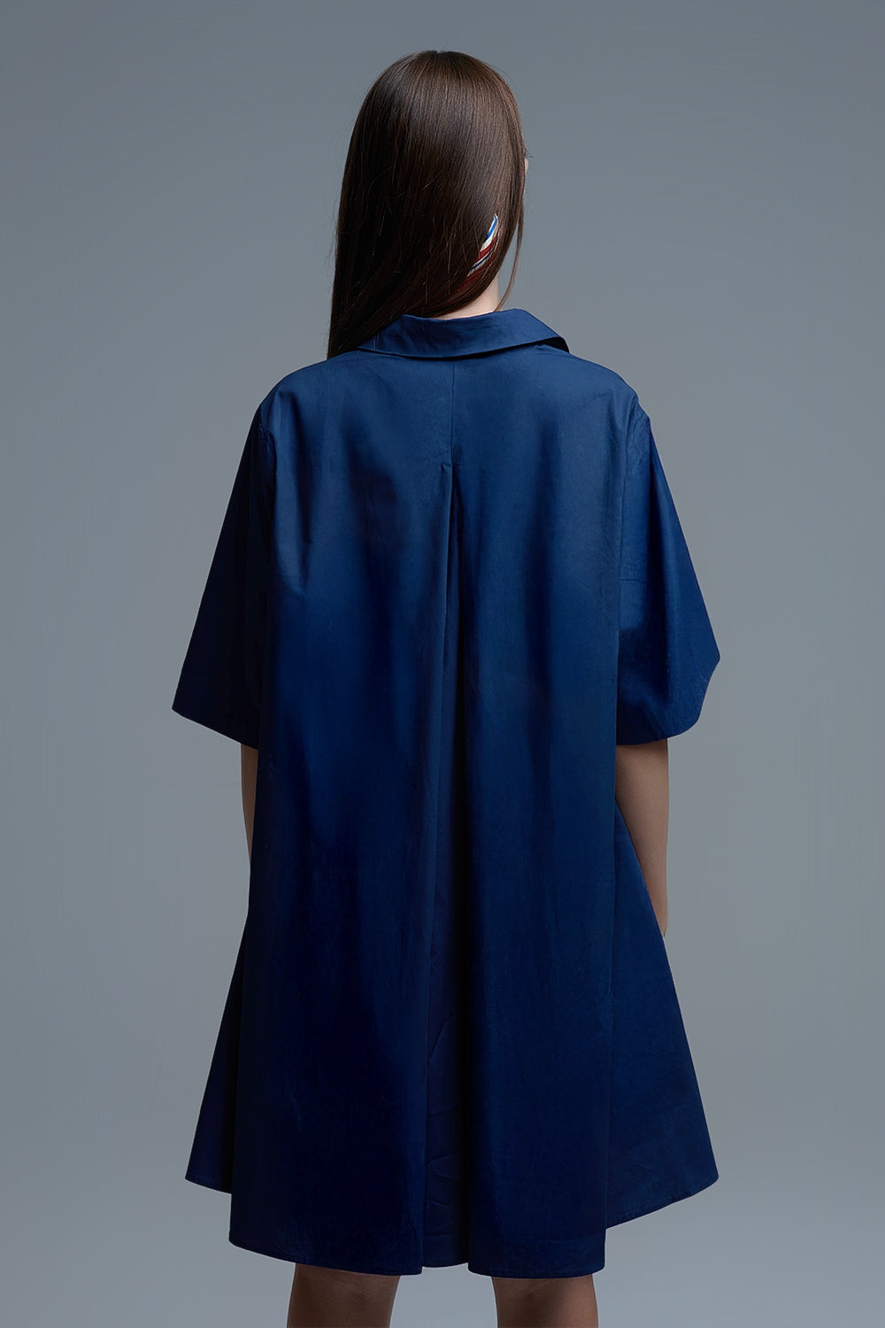 Vestido de popelina com mangas 3/4 de tamanho grande em azul-marinho