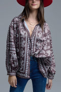 Camisa Paisley castanha com mangas volumosas