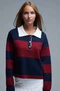 Camisola pólo às riscas Ivy em azul-marinho e bordeaux