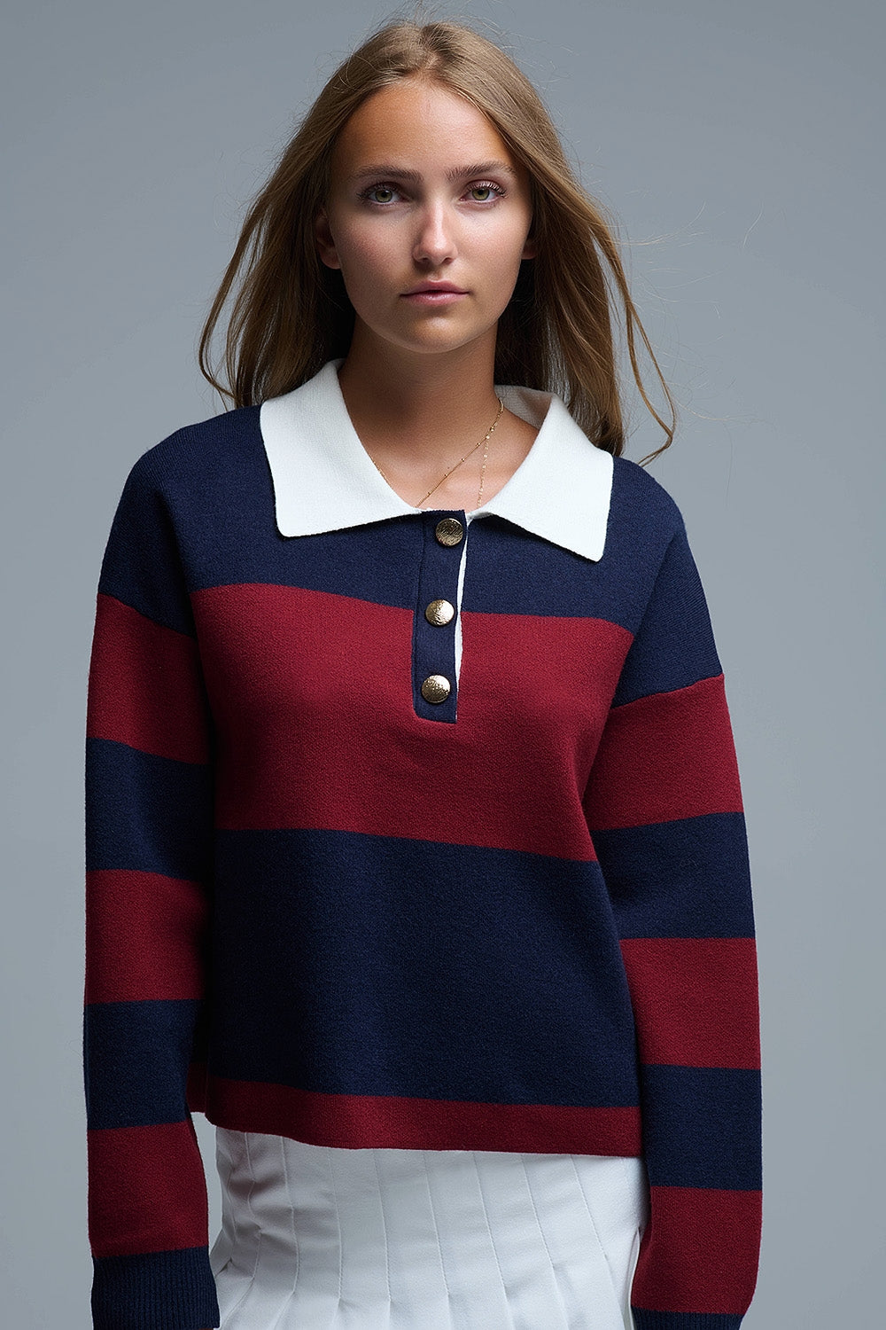 Camisola pólo às riscas Ivy em azul-marinho e bordeaux