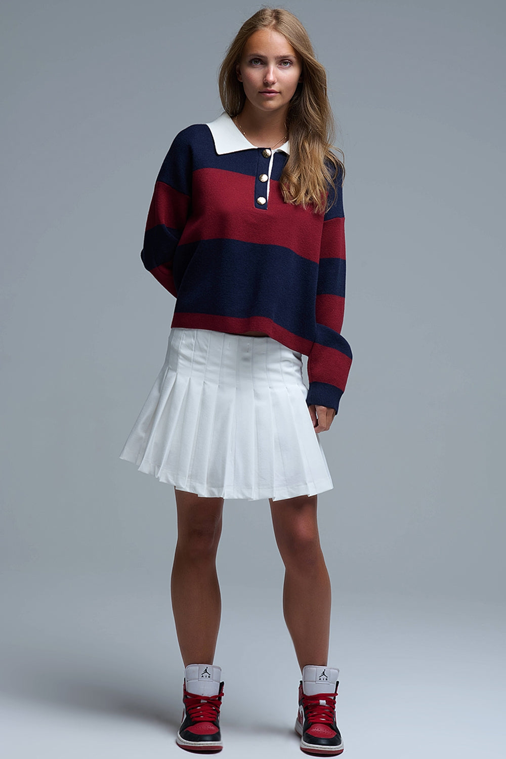 Camisola pólo às riscas Ivy em azul-marinho e bordeaux