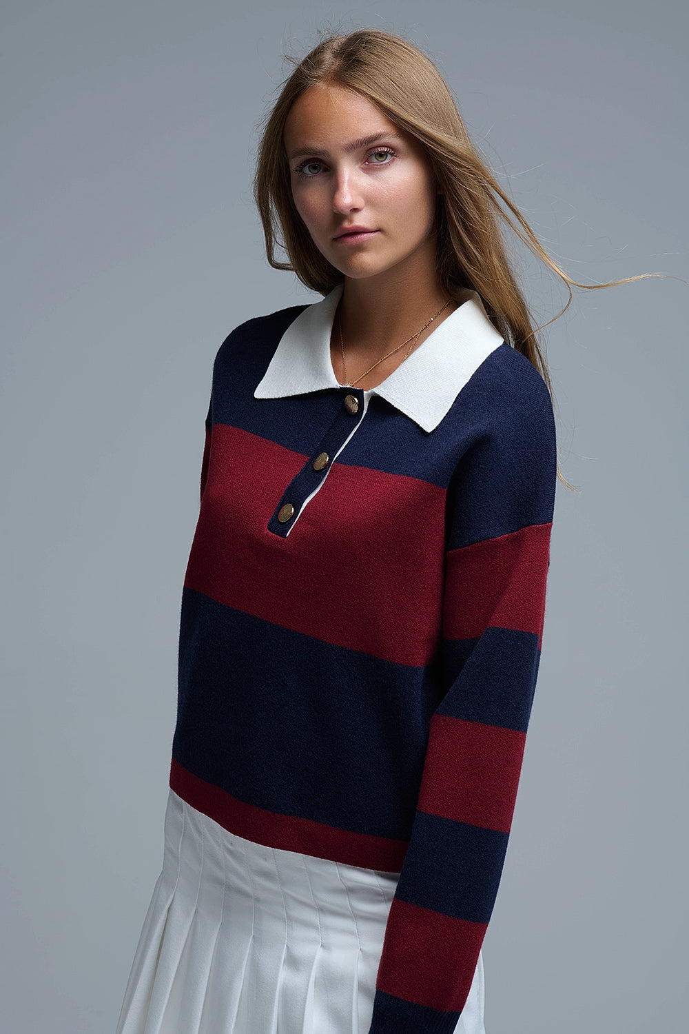 Camisola pólo às riscas Ivy em azul-marinho e bordeaux