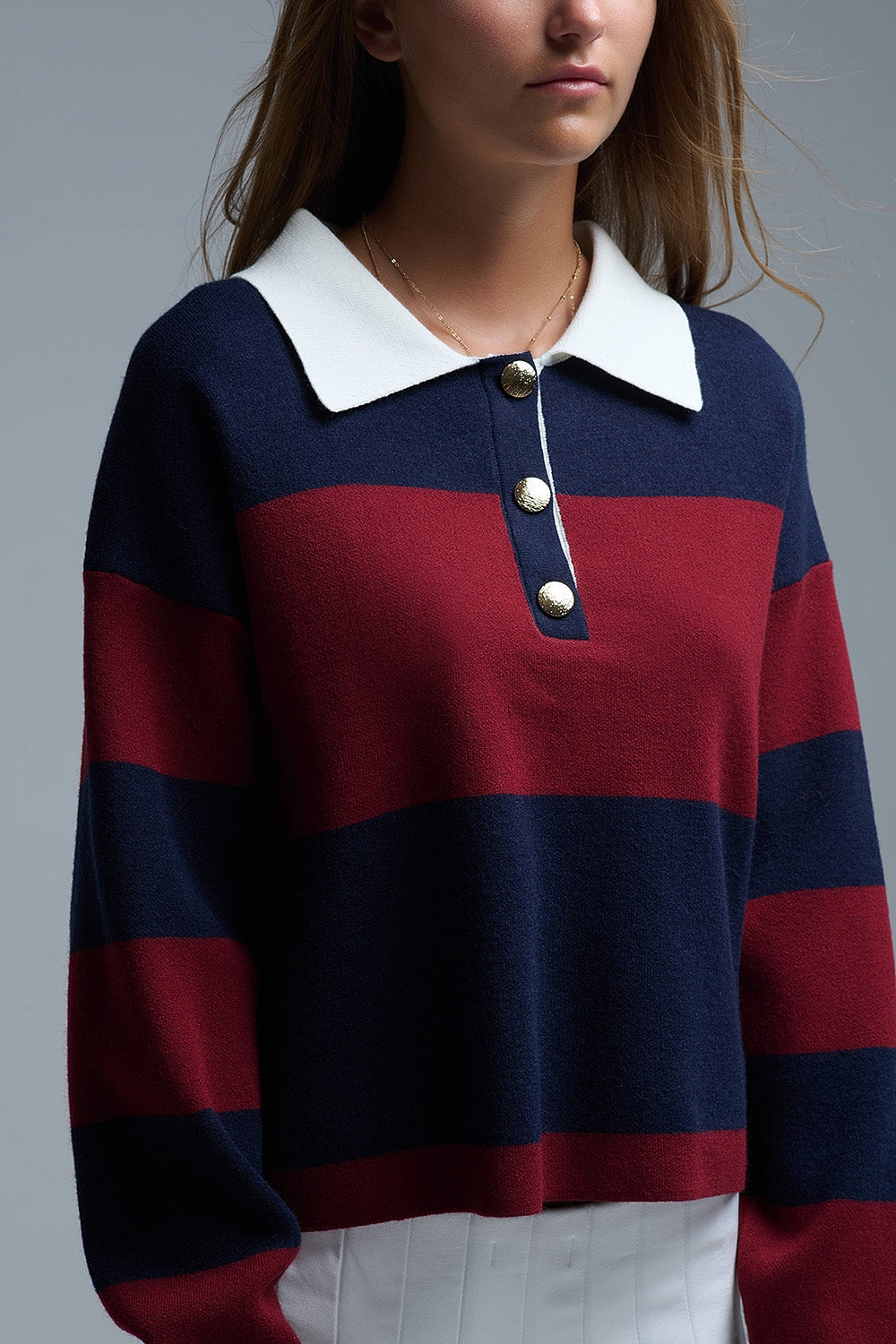 Camisola pólo às riscas Ivy em azul-marinho e bordeaux