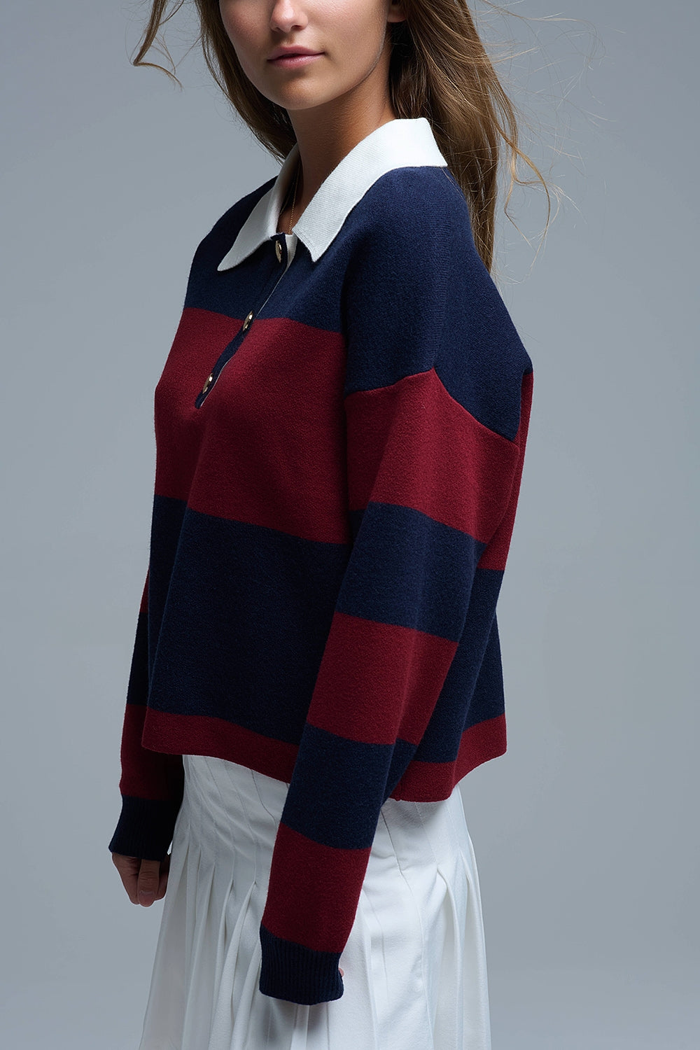 Camisola pólo às riscas Ivy em azul-marinho e bordeaux