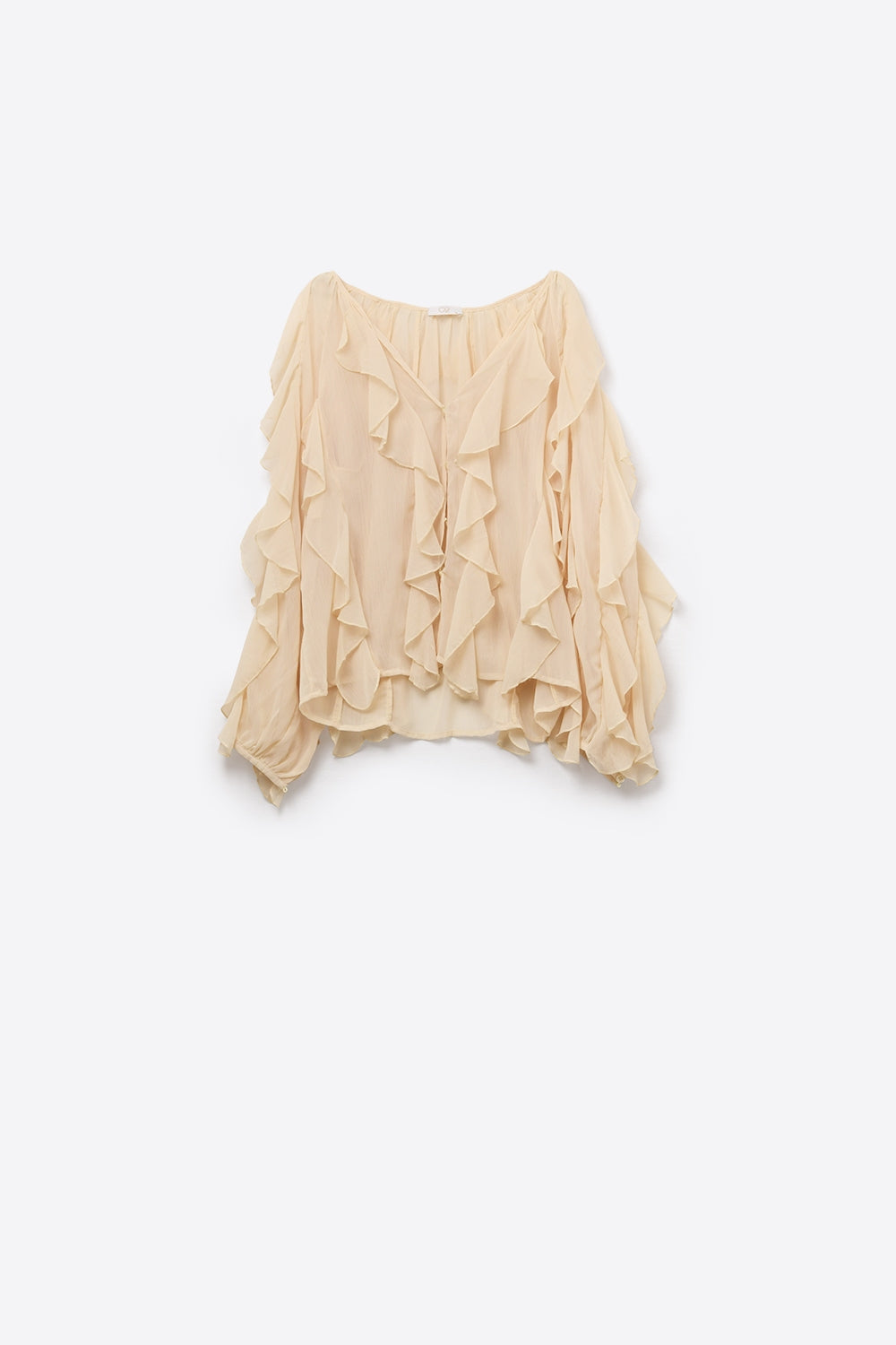 Blusa bege com decote em V e folhos