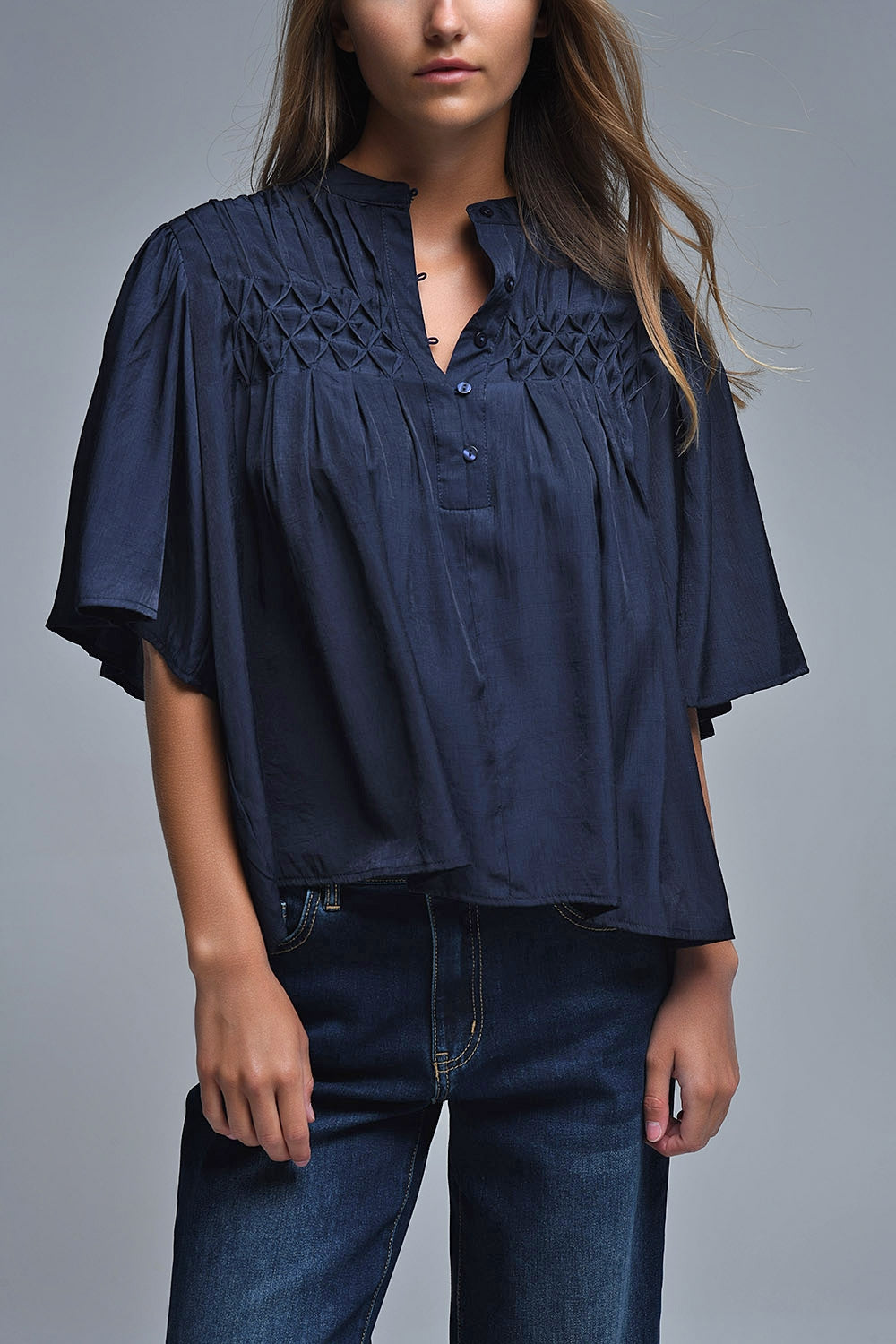 Blusa descontraída estilo boho da Marinha com pormenores bordados