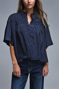 Blusa descontraída estilo boho da Marinha com pormenores bordados