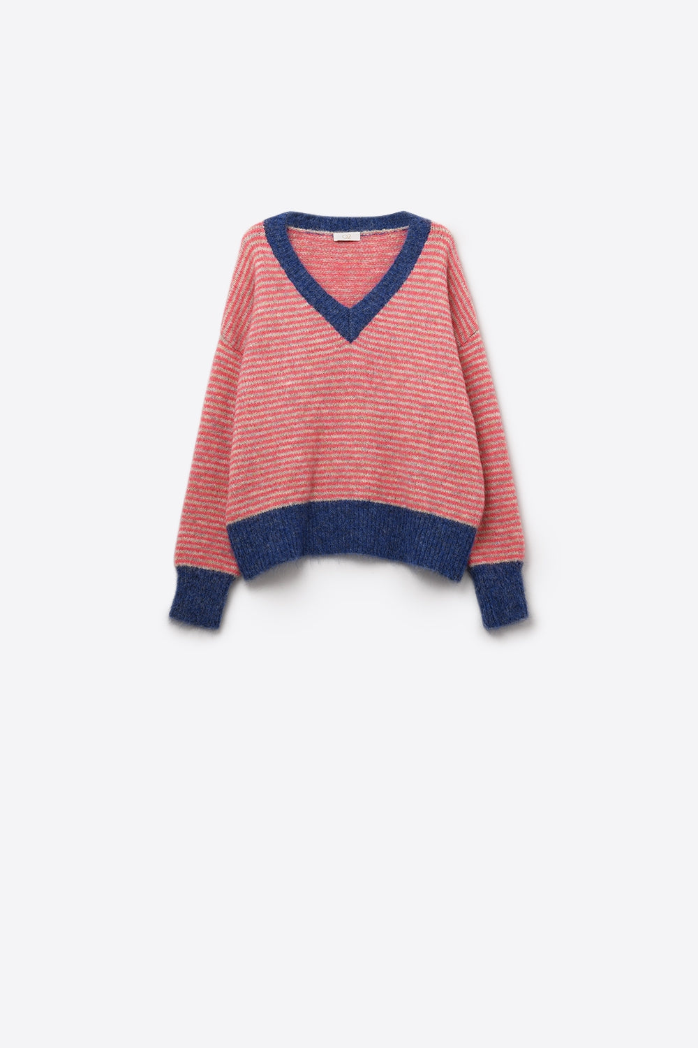 Camisola de malha às riscas fúcsia com pormenores azuis