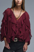 Blusa borgonha com decote em V e folhos