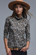 Top de gola alta de manga comprida com estampado de leopardo castanho