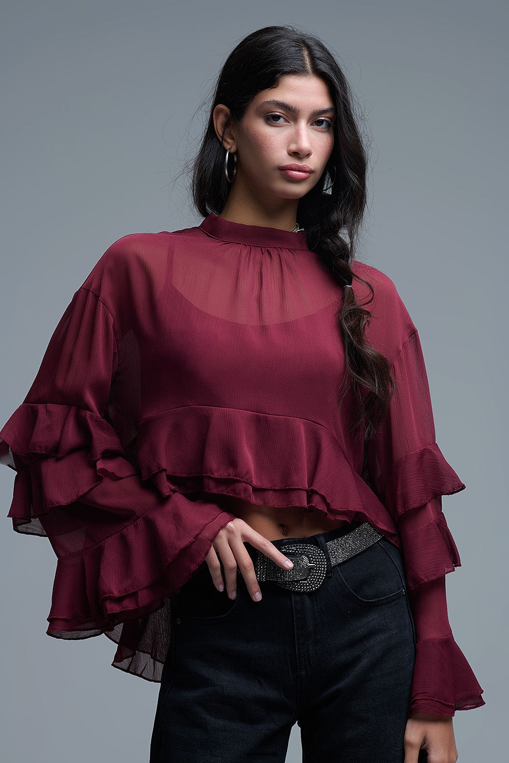 Blusa borgonha em chiffon com folhos