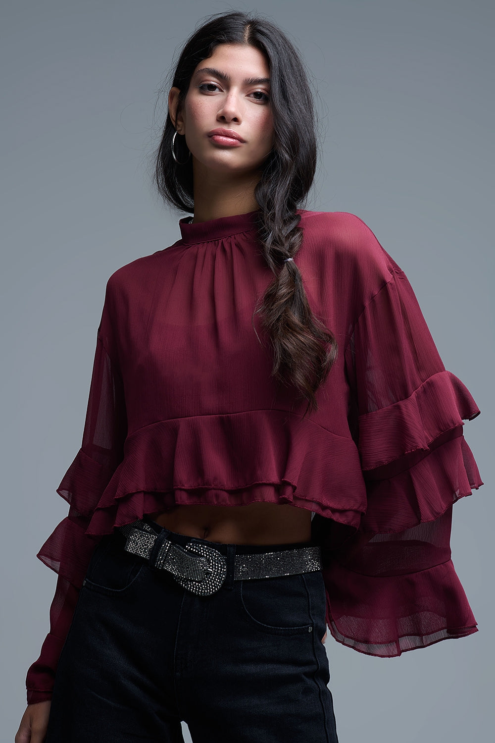 Blusa borgonha em chiffon com folhos