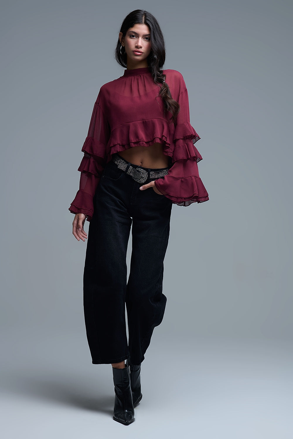 Blusa borgonha em chiffon com folhos