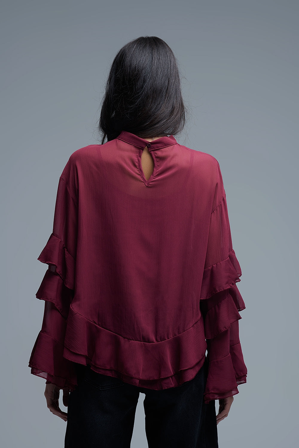 Blusa borgonha em chiffon com folhos