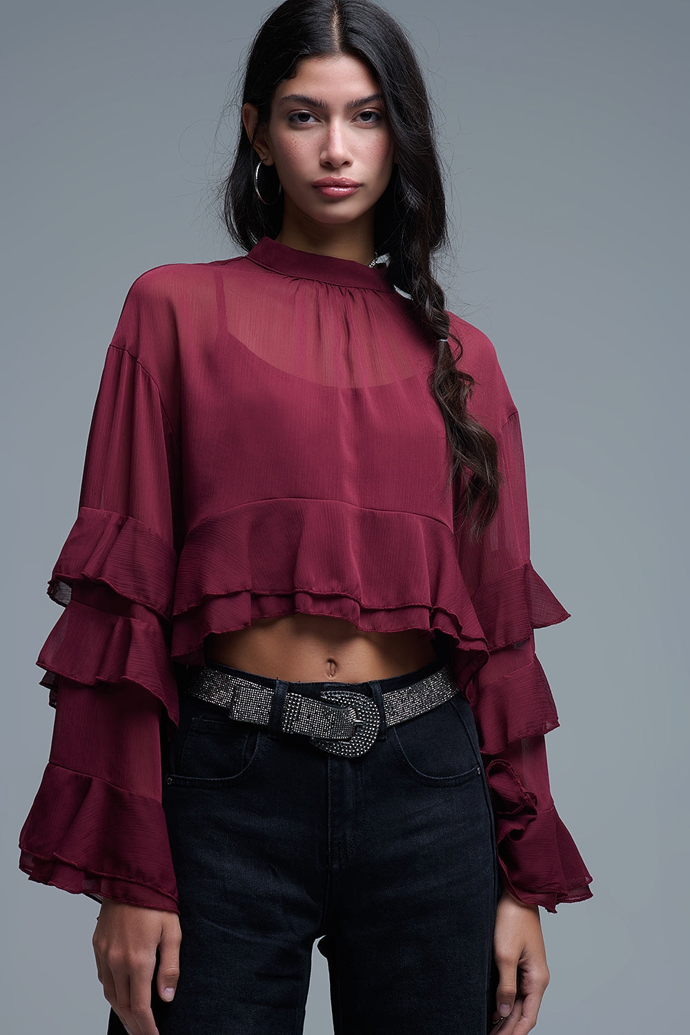 Blusa borgonha em chiffon com folhos