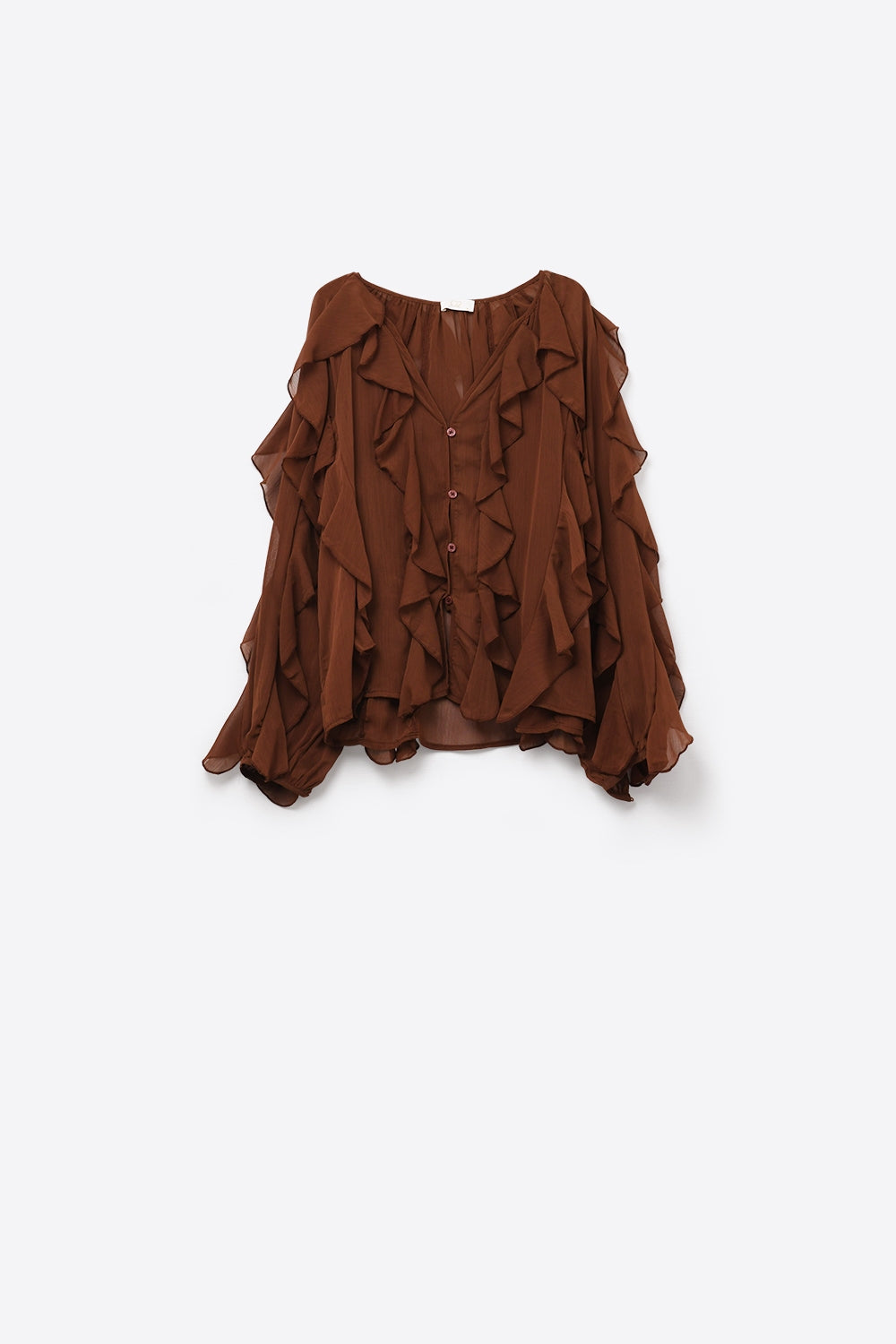 Blusa castanha de chiffon com decote em V e folhos