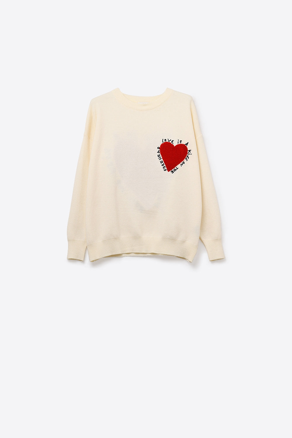 Sweatshirt de malha com coração bordado e texto em creme