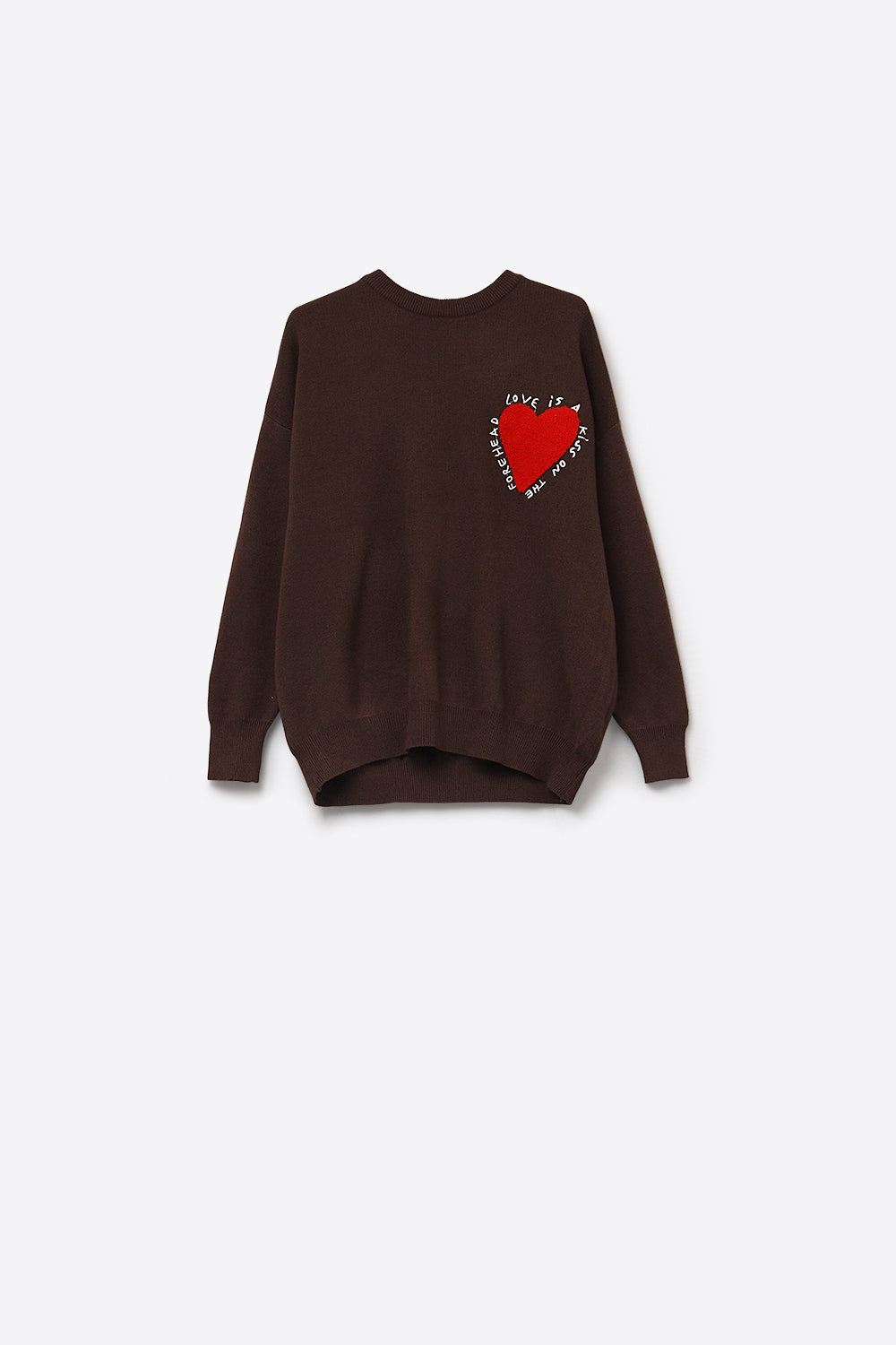 Sweatshirt de malha com coração bordado e texto em castanho