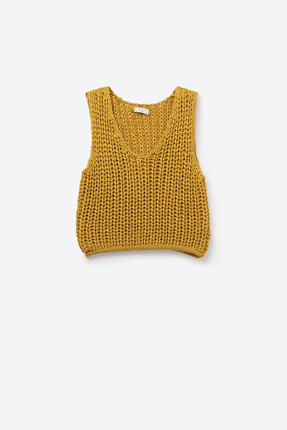 Colete de croché em amarelo com fio de lantejoulas