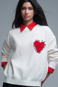 Sweatshirt de malha com coração bordado e texto em creme