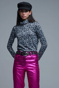 Top de gola alta de manga comprida com estampado de leopardo cinzento