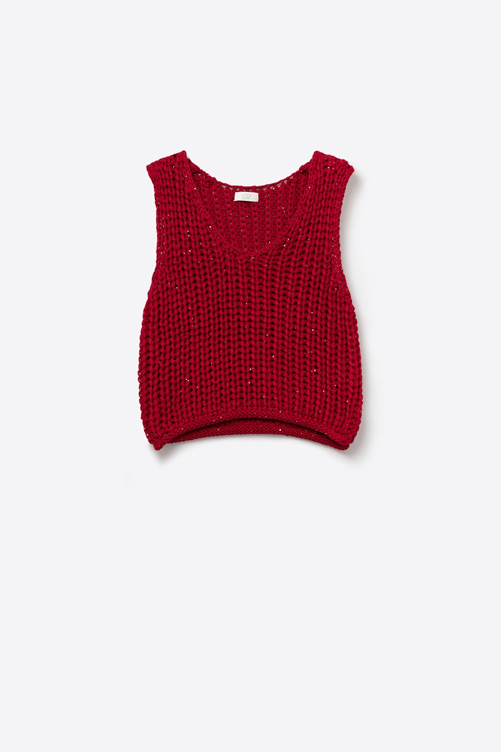 Colete em croché vermelho com fio de lantejoulas