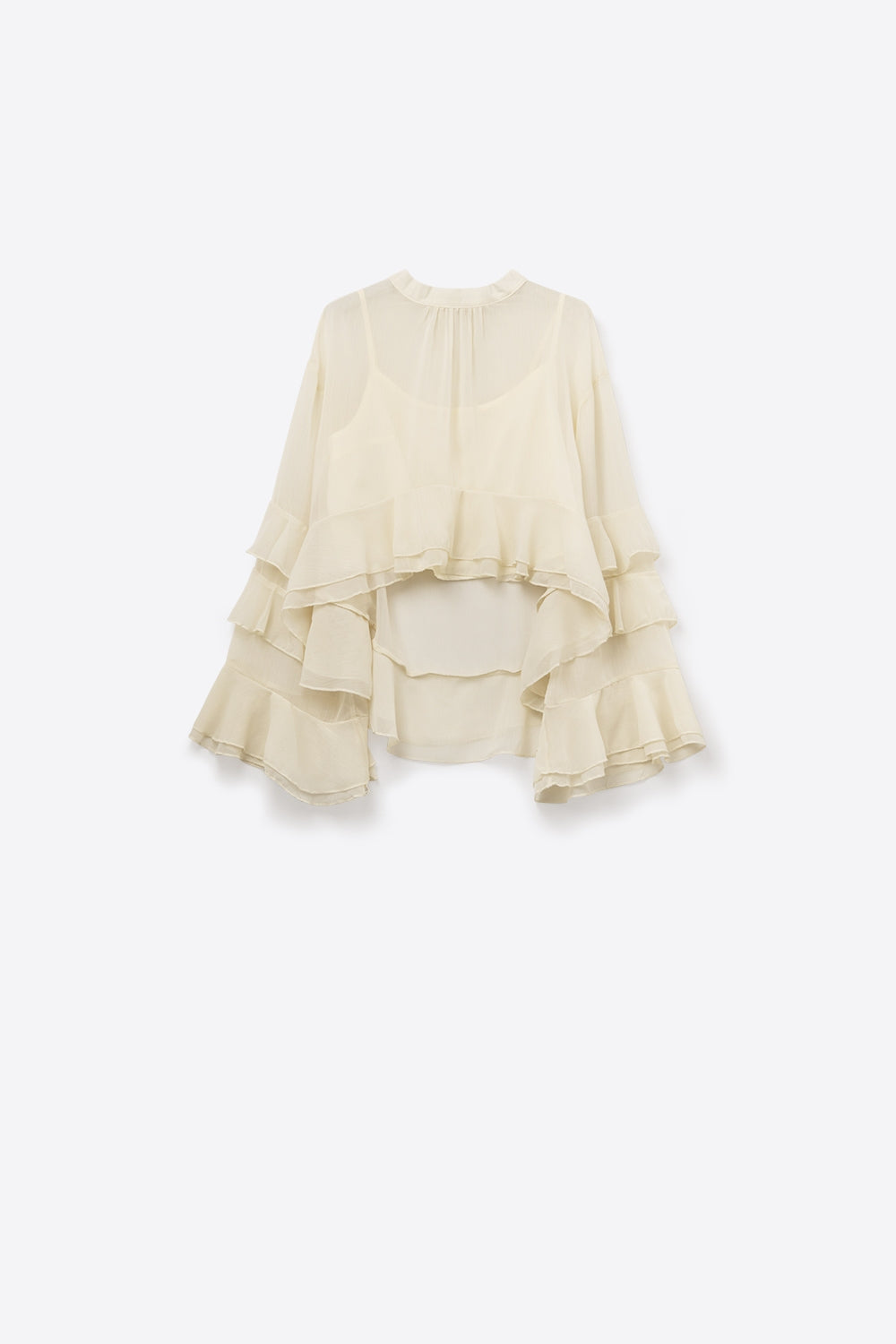 Blusa bege em chiffon com folhos e capa transparente