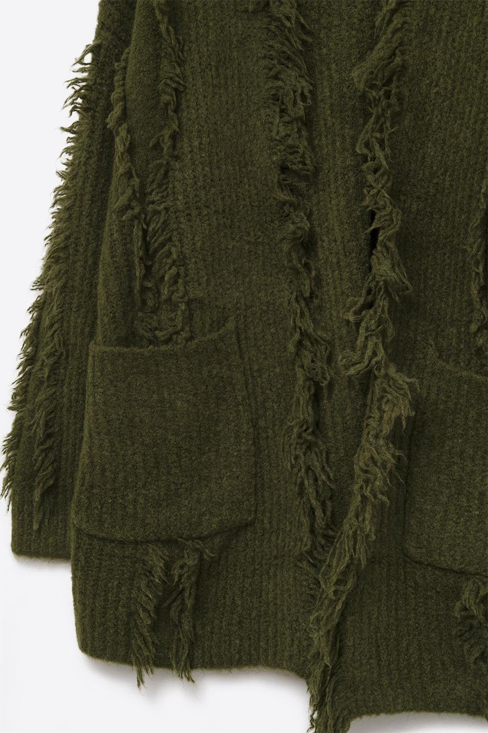 Casaco de malha Boho desgastado verde floresta com bolsos à frente