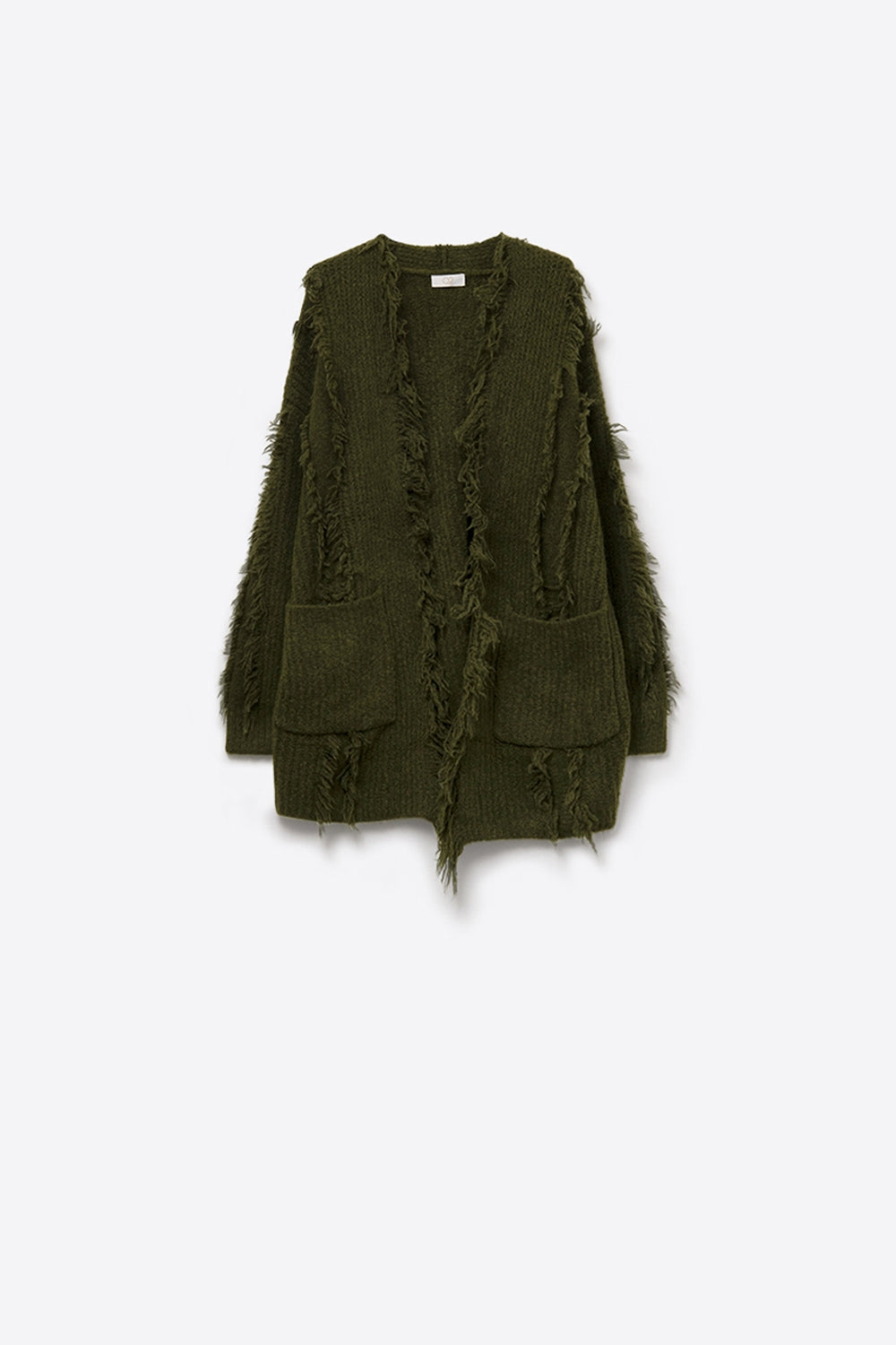 Casaco de malha Boho desgastado verde floresta com bolsos à frente