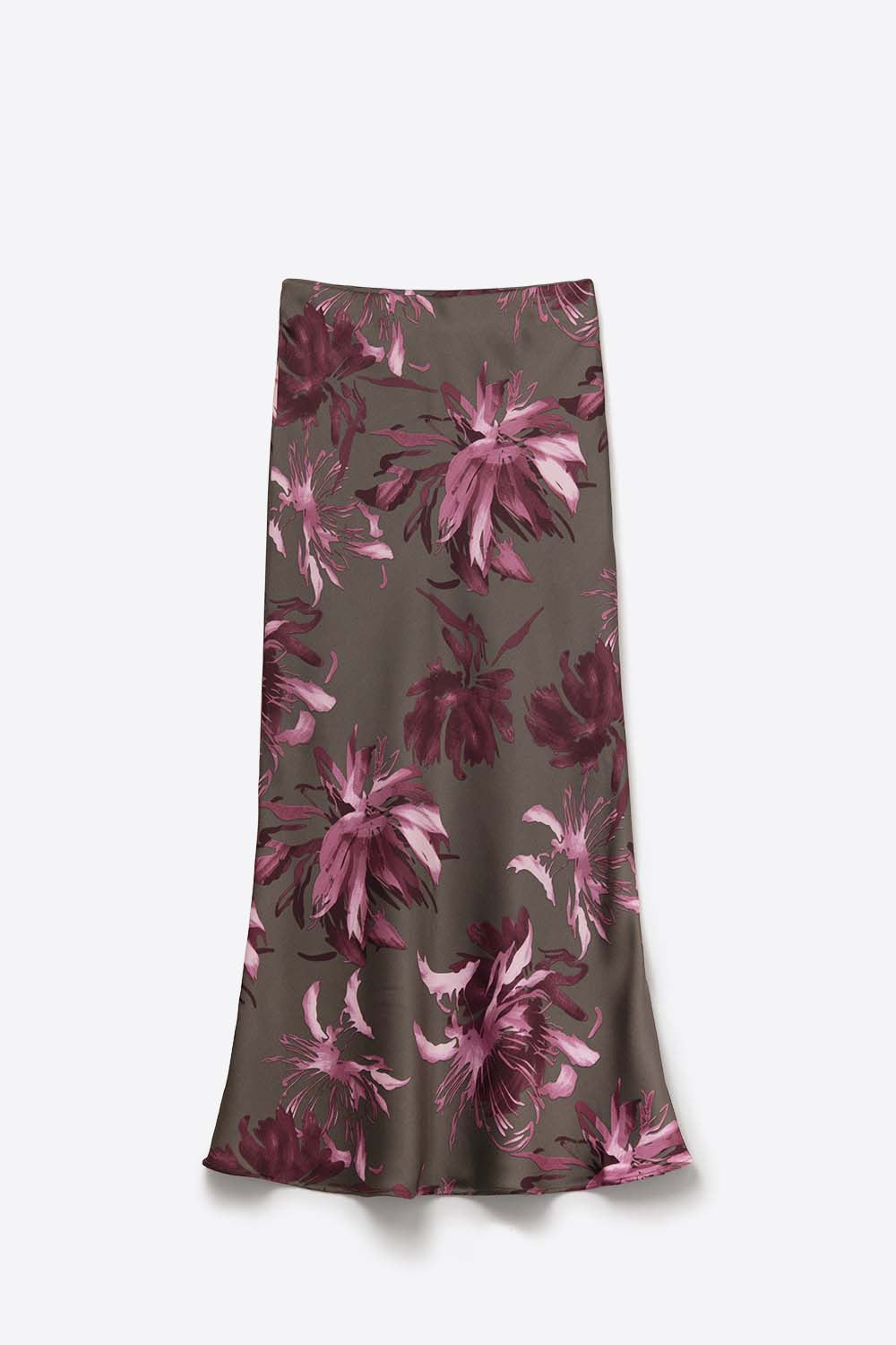 Saia Midi Floral Elegante em cetim cinzento