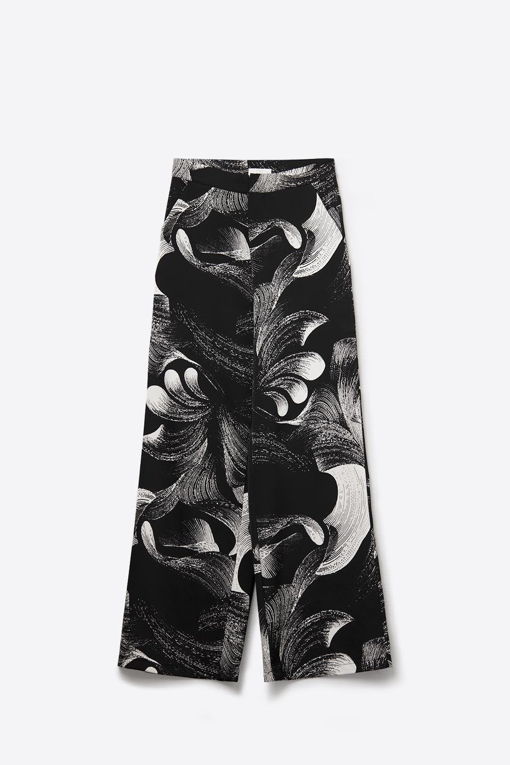 Calças largas pretas com estampado elegante em tecido acetinado