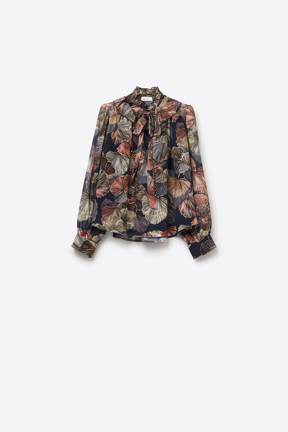 Blusa com folhos estampada Boho-Chic em estampado de palmas metálicas