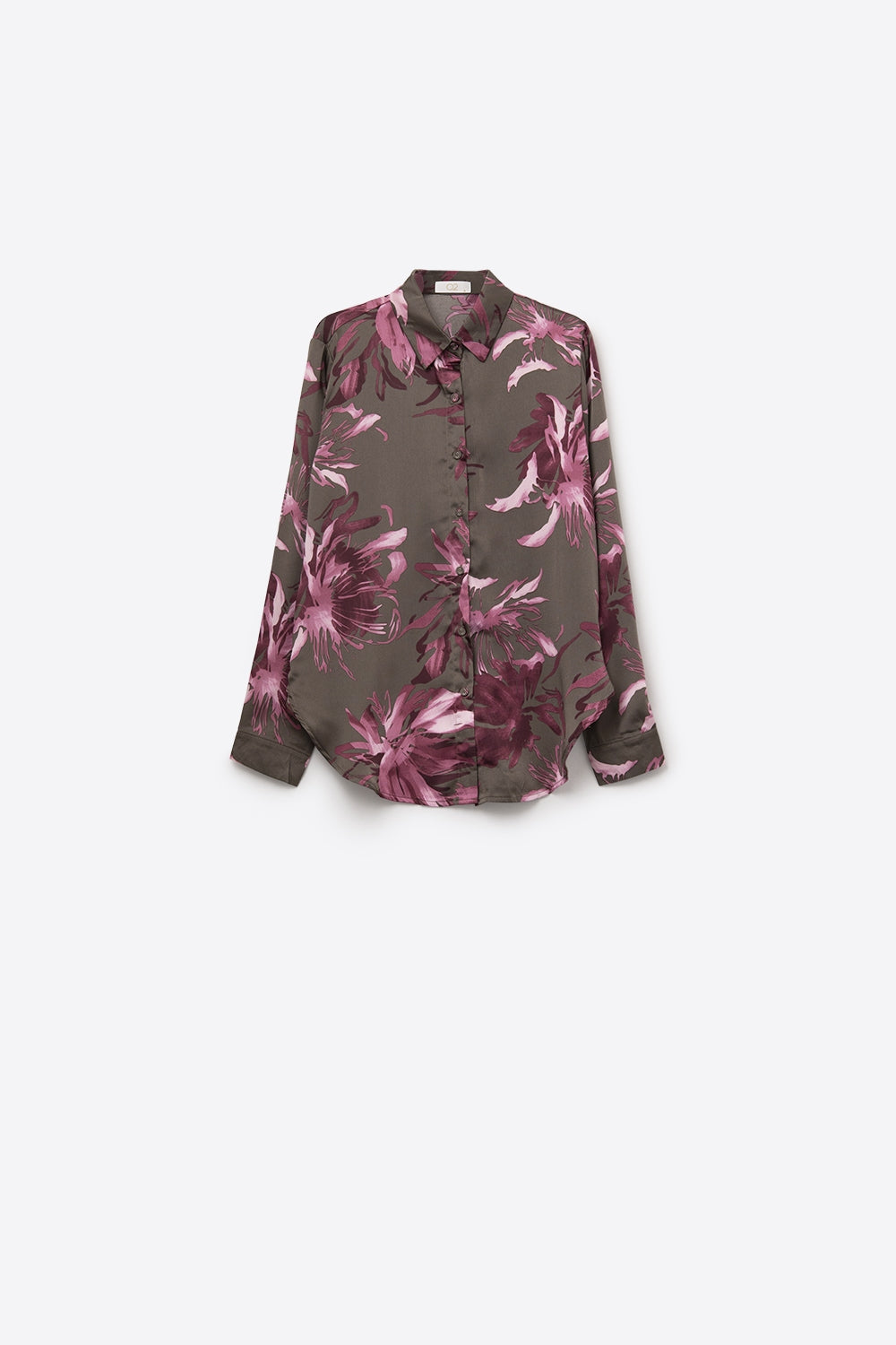 Camisa de cetim cinzenta com estampado floral e botões